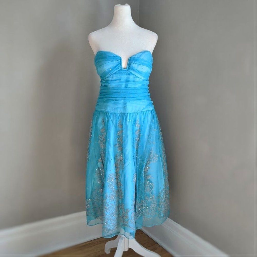 Vintage y2k Niki Livas Formal Dress Strapless Mesh Floral Beaded Blue Size 10